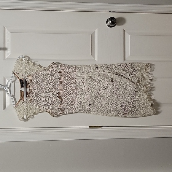 White lace short dress mini cap sleeve cross front wedding rehearsal, bacheloret - Picture 1 of 5